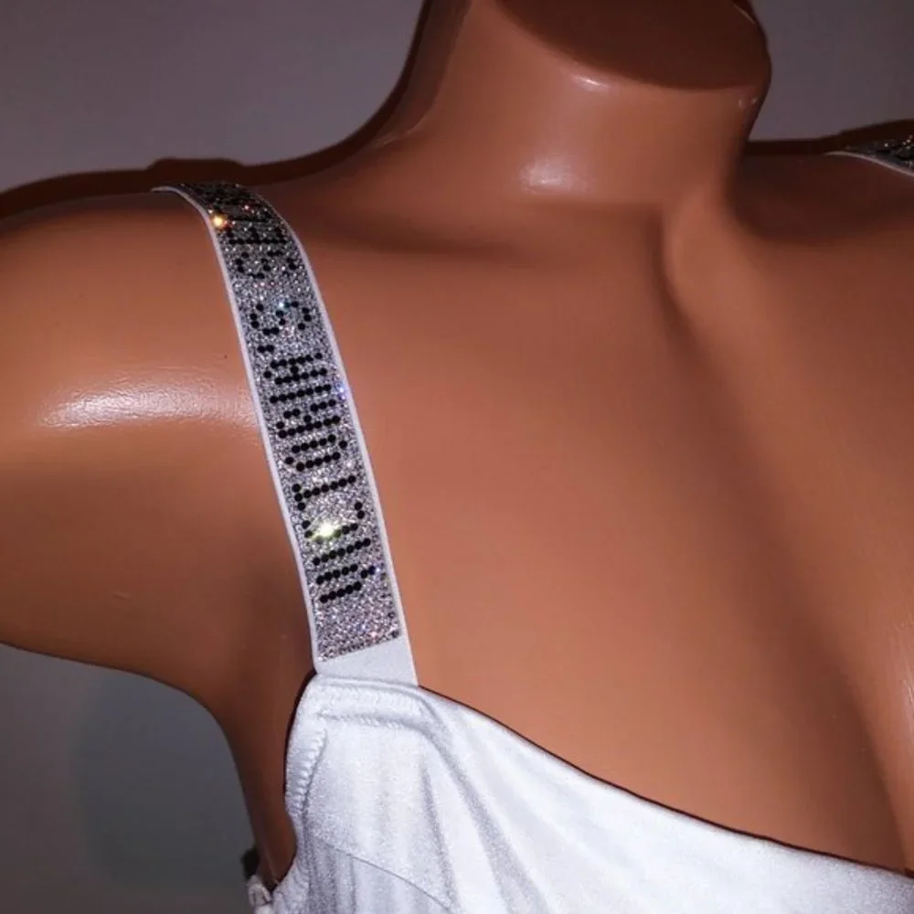 Victoria Secret Swim Bikini Top 32DD‎ White Shine Strap Bling Logo Solid New - Picture 3 of 10